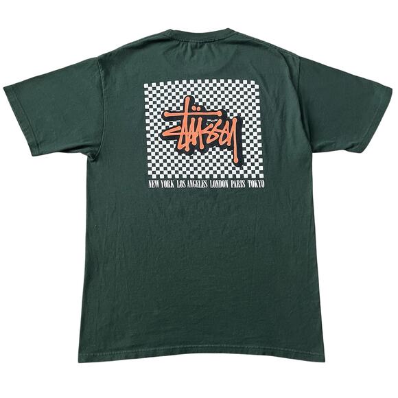 Stussy Mens Green Checker Big Box Logo T Shirt Size Medium - Picture 1 of 5